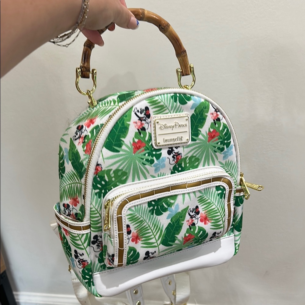Loungefly Green and White Hawaiian  Backpack with Bamboo Handle